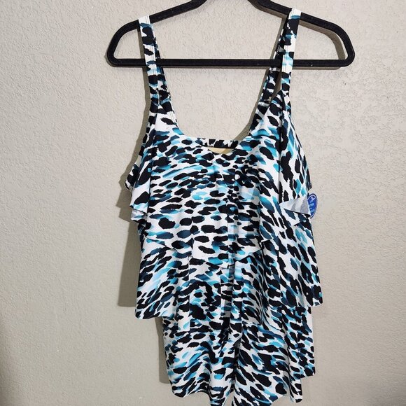Swimsuits For All Tankini Swimsuit Womens 16 Blue Black White Tiered Layered Top - Picture 1 of 13